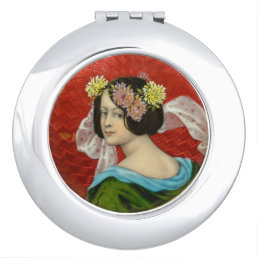 ROMANTIC WOMAN WITH FLOWERS VINTAGE ENAMEL MIRROR FOR MAKEUP