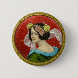 ROMANTIC WOMAN WITH FLOWERS VINTAGE ENAMEL PINBACK BUTTON