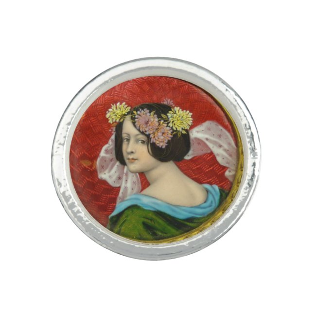 ROMANTIC WOMAN WITH FLOWERS VINTAGE ENAMEL RING (Front)
