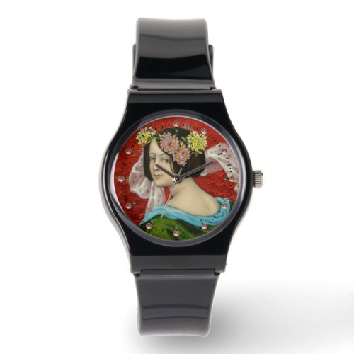 ROMANTIC WOMAN WITH FLOWERS VINTAGE ENAMEL WATCH