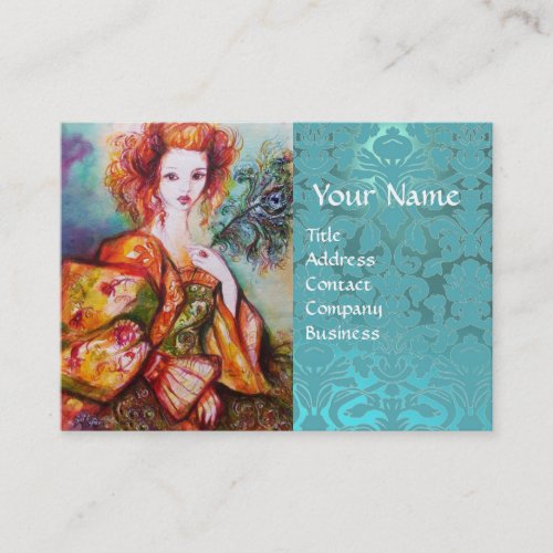 ROMANTIC WOMAN WITH PEACOCK FEATHER Blue Damask Business Card