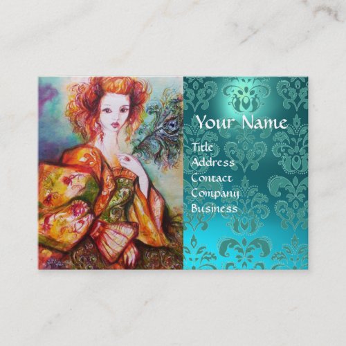 ROMANTIC WOMAN WITH PEACOCK FEATHER Blue Damask Business Card