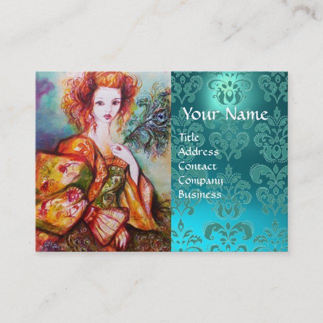 ROMANTIC WOMAN WITH PEACOCK FEATHER Blue Damask Business Card (Front)