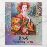 ROMANTIC WOMAN WITH PEACOCK FEATHER Blue Wedding Wine Label<br><div class="desc">Original contemporary watercolor painting with golden foil and iridescent colors in bright green, yellow orange , teal, turquase, white .Elegant , beautiful sophisticated brunette woman, red, green sparkling gold fabrics of a baroque costume with peacock feathers .Painting by Bulgan Lumini (c).This cool and artistic card is perfect for weddings, bridal...</div>