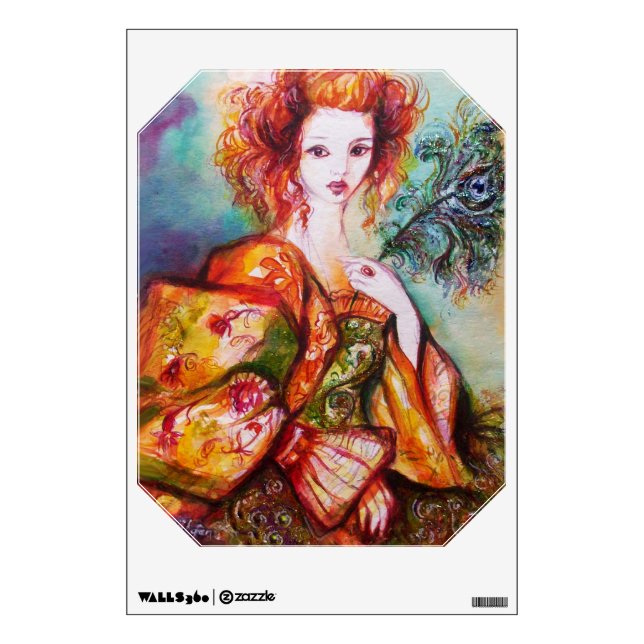 ROMANTIC WOMAN WITH PEACOCK FEATHER Emerald Wall Sticker (Front)