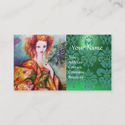 ROMANTIC WOMAN WITH PEACOCK FEATHER Green Damask Business Card