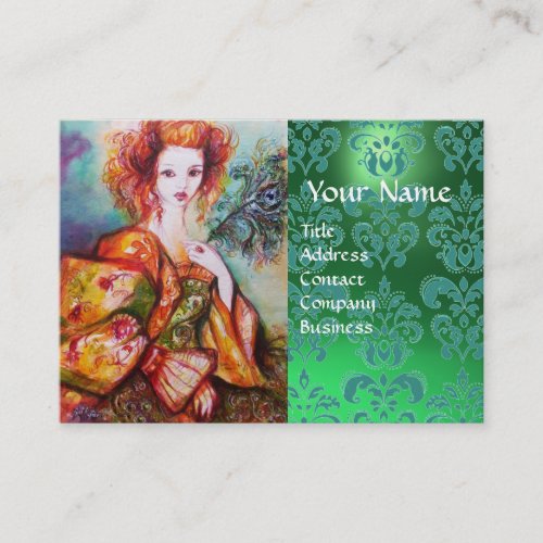 ROMANTIC WOMAN WITH PEACOCK FEATHER Green Damask Business Card