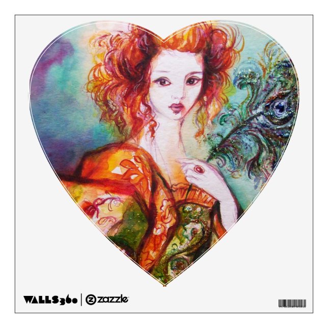 ROMANTIC WOMAN WITH PEACOCK FEATHER Heart Wall Sticker (Front)