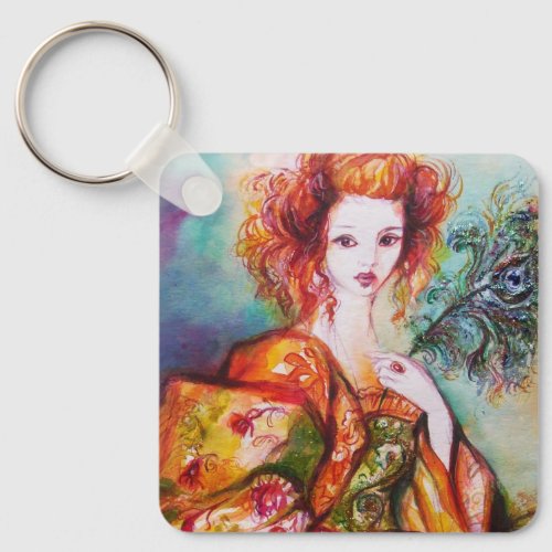 ROMANTIC WOMAN WITH PEACOCK FEATHER KEYCHAIN