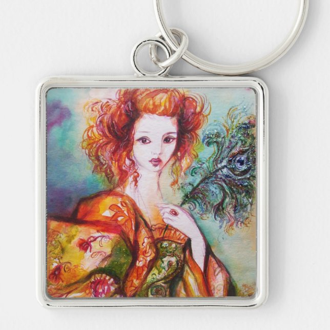 ROMANTIC WOMAN WITH PEACOCK FEATHER KEYCHAIN (Front)