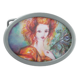 ROMANTIC WOMAN WITH PEACOCK FEATHER OVAL BELT BUCKLE