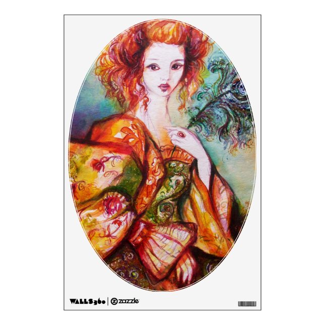 ROMANTIC WOMAN WITH PEACOCK FEATHER Oval Wall Sticker (Front)