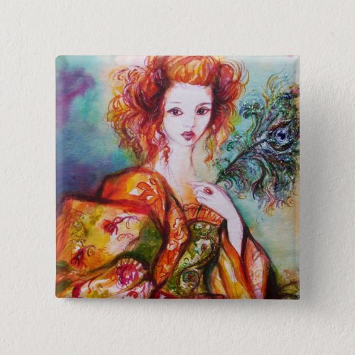 ROMANTIC WOMAN WITH PEACOCK FEATHER PINBACK BUTTON