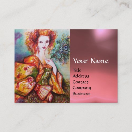 ROMANTIC WOMAN WITH PEACOCK FEATHER Pink Gem Business Card