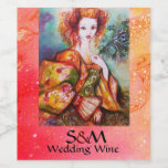 ROMANTIC WOMAN WITH PEACOCK FEATHER Pink Wedding Wine Label<br><div class="desc">Original contemporary watercolor painting with golden foil and iridescent colors in bright green, yellow orange , teal, turquase, white .Elegant , beautiful sophisticated brunette woman, red, green sparkling gold fabrics of a baroque costume with peacock feathers .Painting by Bulgan Lumini (c).This cool and artistic card is perfect for weddings, bridal...</div>