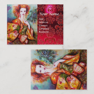 ROMANTIC WOMAN WITH PEACOCK FEATHER Red Damask Business Card