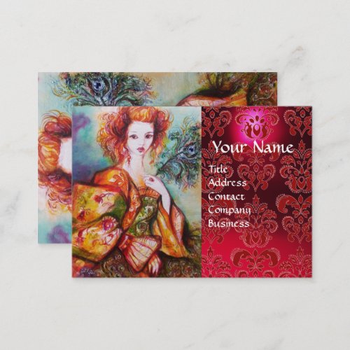 ROMANTIC WOMAN WITH PEACOCK FEATHER Red  Damask Business Card