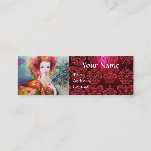 ROMANTIC WOMAN WITH PEACOCK FEATHER Red  Damask Mini Business Card