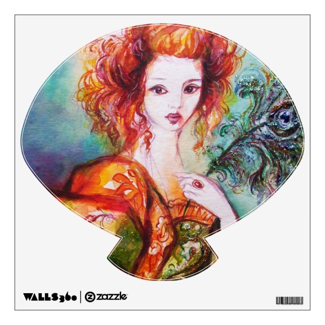 ROMANTIC WOMAN WITH PEACOCK FEATHER Seashell Wall Sticker (Front)
