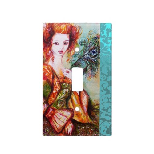 ROMANTIC WOMAN WITH PEACOCK FEATHER Teal Damask Light Switch Cover