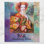 ROMANTIC WOMAN WITH PEACOCK FEATHER Teal Wedding Wine Label<br><div class="desc">Original contemporary watercolor painting with golden foil and iridescent colors in bright green, yellow orange , teal, turquase, white .Elegant , beautiful sophisticated brunette woman, red, green sparkling gold fabrics of a baroque costume with peacock feathers .Painting by Bulgan Lumini (c).This cool and artistic card is perfect for weddings, bridal...</div>