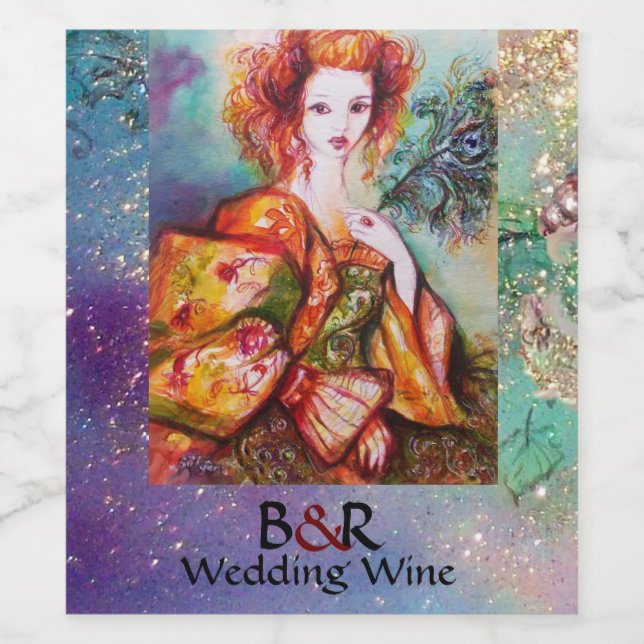 ROMANTIC WOMAN WITH PEACOCK FEATHER Teal Wedding Wine Label (Single Label)