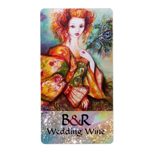 ROMANTIC WOMAN WITH PEACOCK FEATHER Wedding Wine Label
