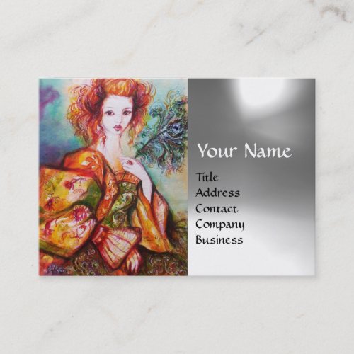 ROMANTIC WOMAN WITH PEACOCK FEATHER White Grey Gem Business Card