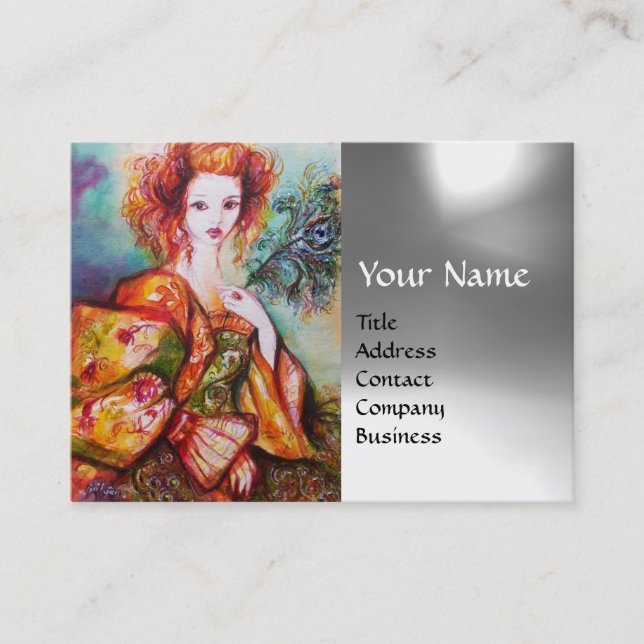ROMANTIC WOMAN WITH PEACOCK FEATHER White Grey Gem Business Card (Front)