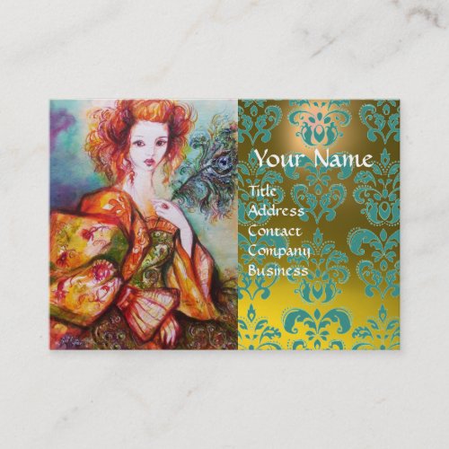 ROMANTIC WOMAN WITH PEACOCK FEATHER Yellow Damask Business Card