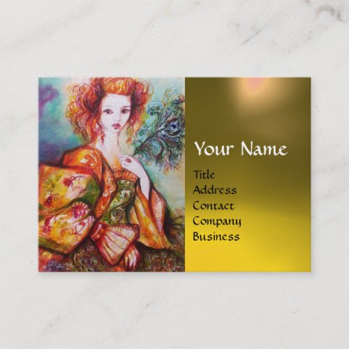 ROMANTIC WOMAN WITH PEACOCK FEATHER Yellow Gem Business Card