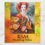 ROMANTIC WOMAN WITH PEACOCK FEATHER Yellow Wedding Wine Label<br><div class="desc">Original contemporary watercolor painting with golden foil and iridescent colors in bright green, yellow orange , teal, turquase, white .Elegant , beautiful sophisticated brunette woman, red, green sparkling gold fabrics of a baroque costume with peacock feathers .Painting by Bulgan Lumini (c).This cool and artistic card is perfect for weddings, bridal...</div>