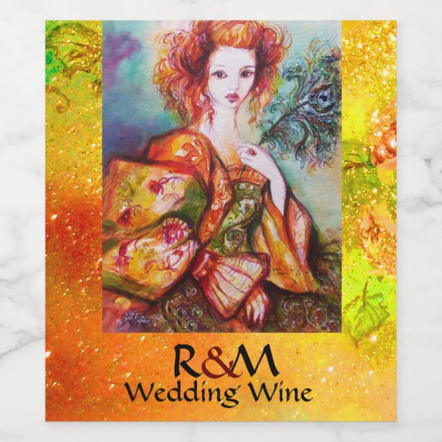 ROMANTIC WOMAN WITH PEACOCK FEATHER Yellow Wedding Wine Label (Single Label)
