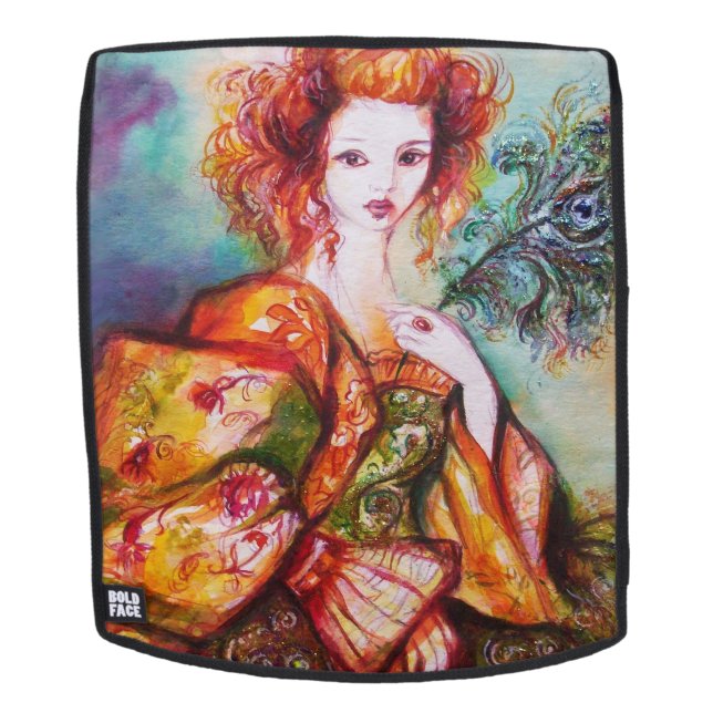 ROMANTIC WOMAN WITH SPARKLING PEACOCK FEATHER BACKPACK (Removable Face)