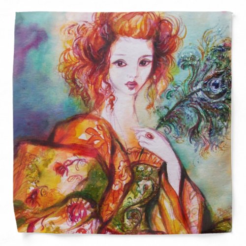 ROMANTIC WOMAN WITH SPARKLING PEACOCK FEATHER BANDANA