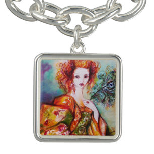 ROMANTIC WOMAN WITH SPARKLING PEACOCK FEATHER BRACELET