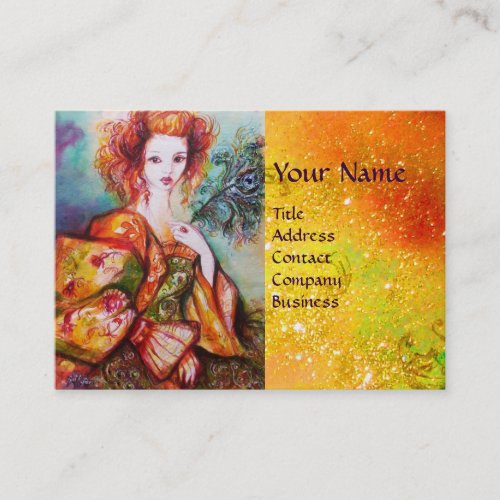 ROMANTIC WOMAN WITH SPARKLING PEACOCK FEATHER BUSINESS CARD