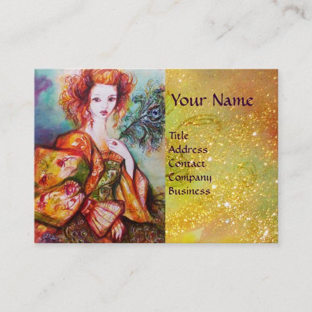 ROMANTIC WOMAN WITH SPARKLING PEACOCK FEATHER BUSINESS CARD (Front)