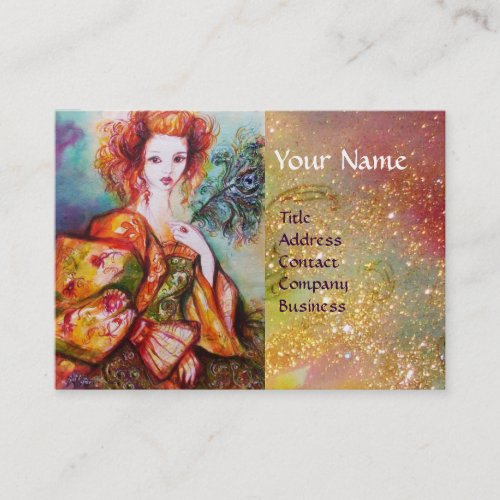 ROMANTIC WOMAN WITH SPARKLING PEACOCK FEATHER BUSINESS CARD