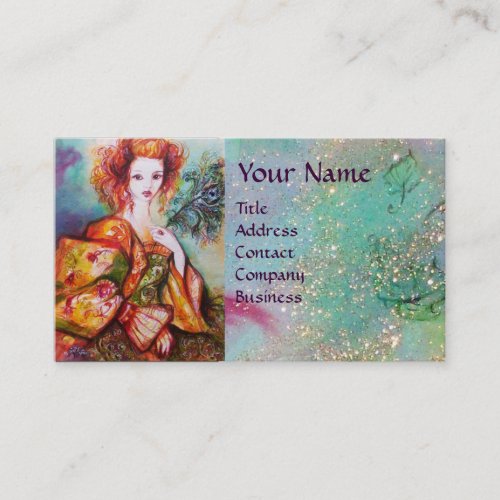 ROMANTIC WOMAN WITH SPARKLING PEACOCK FEATHER BUSINESS CARD