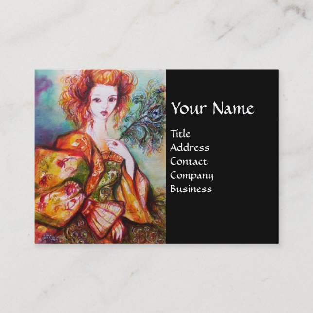 ROMANTIC WOMAN WITH SPARKLING PEACOCK FEATHER BUSINESS CARD (Front)