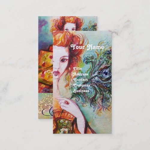 ROMANTIC WOMAN WITH SPARKLING PEACOCK FEATHER BUSINESS CARD