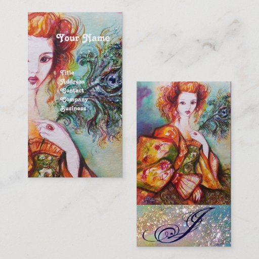 Customizable ROMANTIC WOMAN WITH SPARKLING PEACOCK FEATHER BUSINESS CARD TEMPLATE