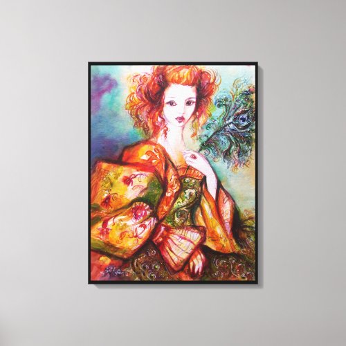 ROMANTIC WOMAN WITH SPARKLING PEACOCK FEATHER CANVAS PRINT