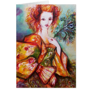 ROMANTIC WOMAN WITH SPARKLING PEACOCK FEATHER CARDS