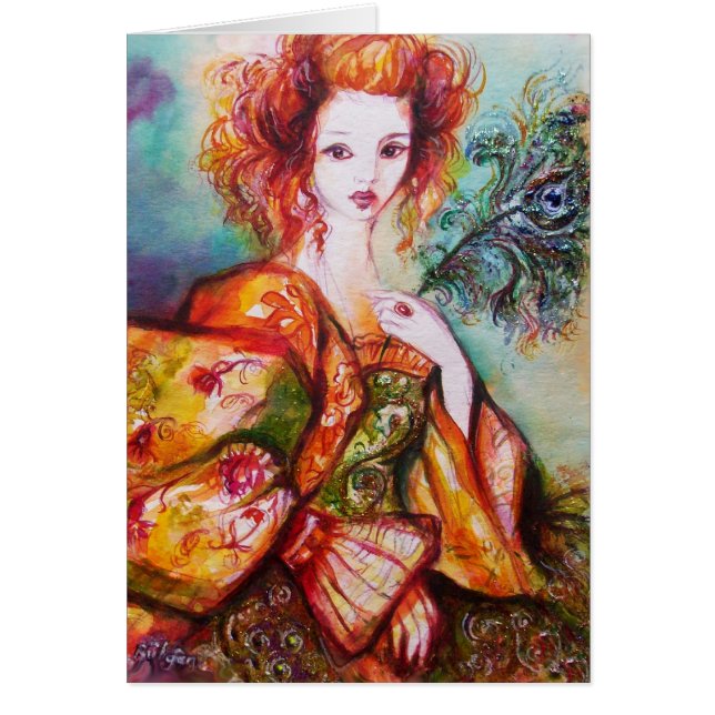 ROMANTIC WOMAN WITH SPARKLING PEACOCK FEATHER CARDS (Front)