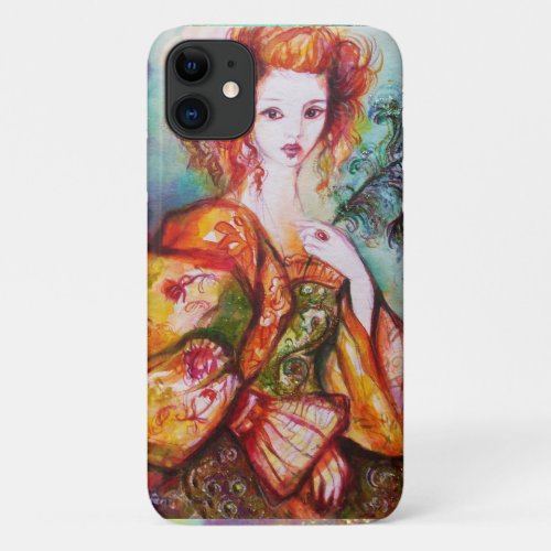 ROMANTIC WOMAN WITH SPARKLING PEACOCK FEATHER iPhone 11 CASE