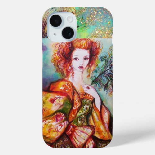 ROMANTIC WOMAN WITH SPARKLING PEACOCK FEATHER iPhone 15 CASE