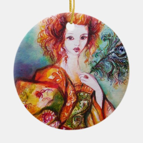 ROMANTIC WOMAN WITH SPARKLING PEACOCK FEATHER CERAMIC ORNAMENT