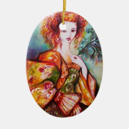 ROMANTIC WOMAN WITH SPARKLING PEACOCK FEATHER CERAMIC ORNAMENT